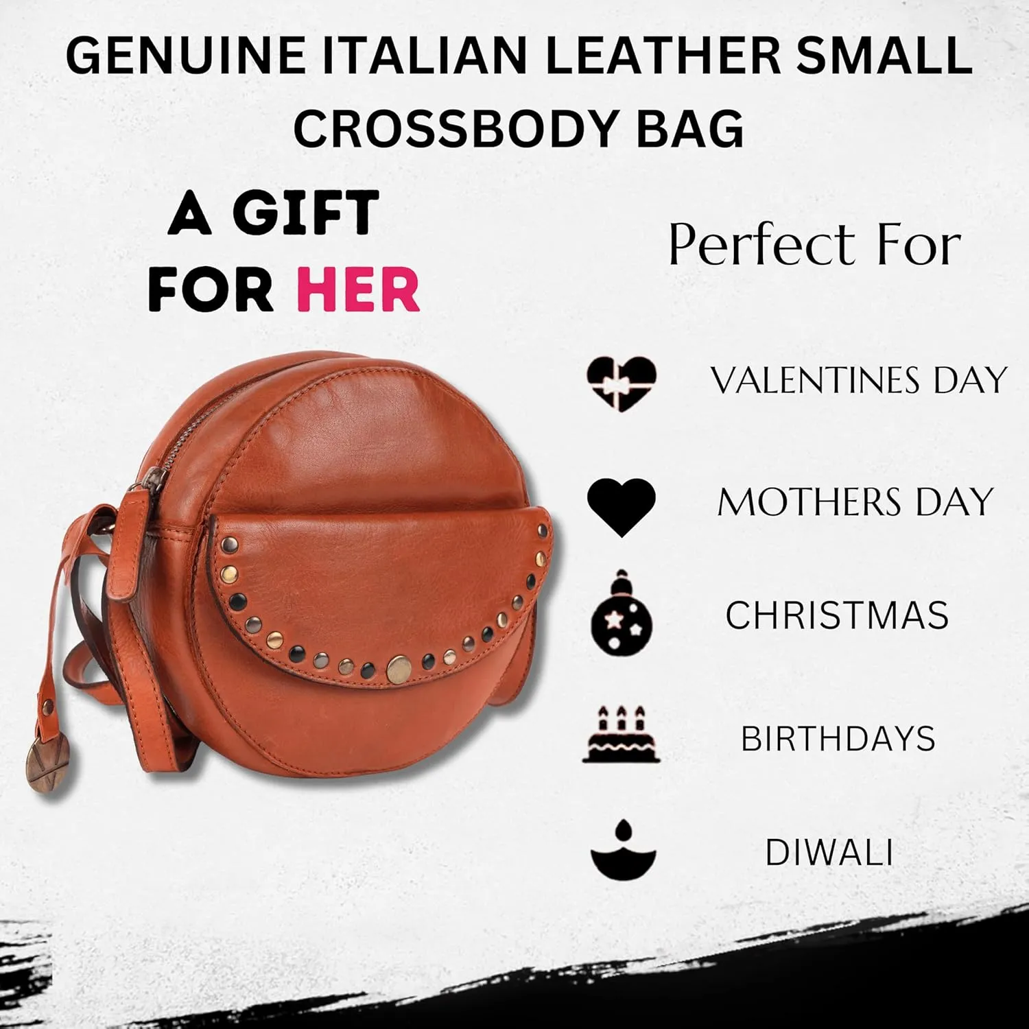 Genuine Italian Leather Boho Studded Round Crossbody Sling Bag - Stylish, Durable, & Perfect for Everyday Use for women