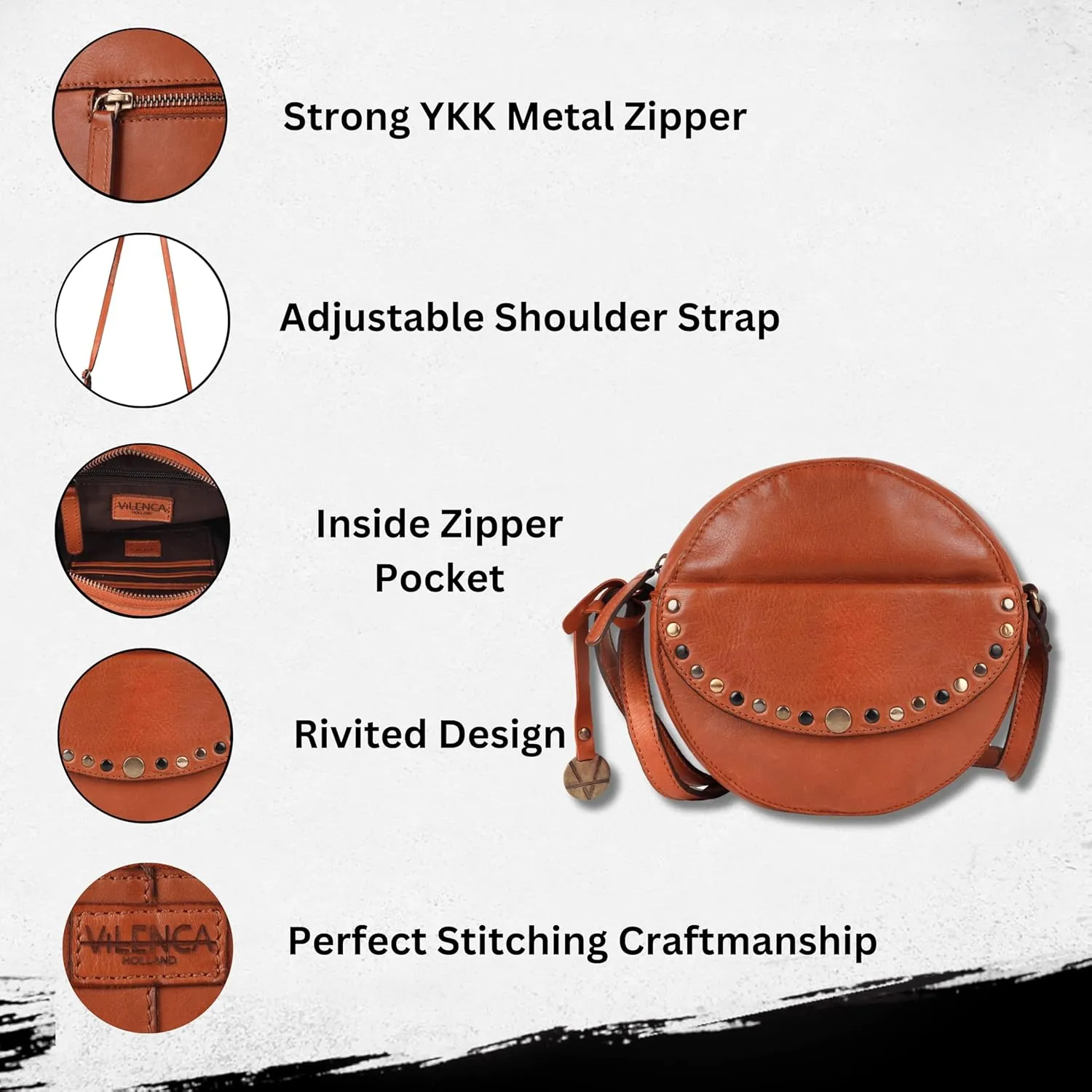 Genuine Italian Leather Boho Studded Round Crossbody Sling Bag - Stylish, Durable, & Perfect for Everyday Use for women