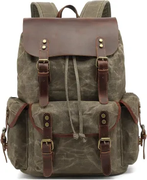 Genuine Leather Canvas waxed Backpack Travel Rucksack Laptop Bag Army Green