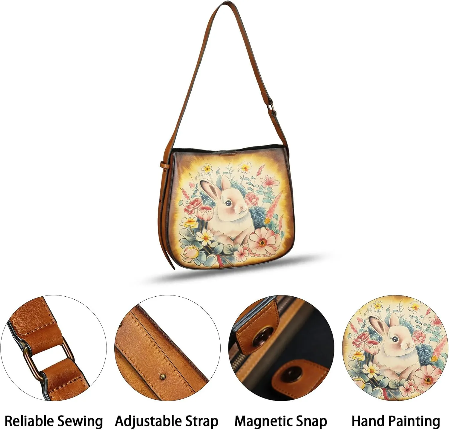 Genuine Leather Shoulder Bag for Women Hand Painted Handbag Handmade Purse Crossbody Sling Purse Casual Daypack