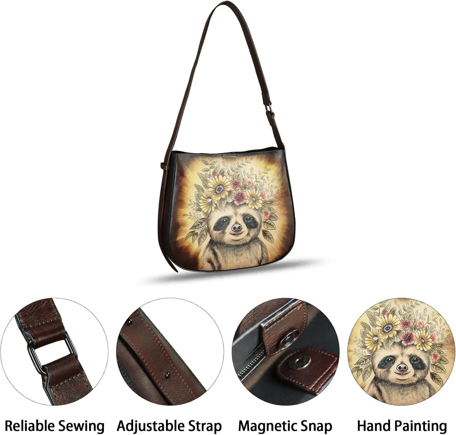 Genuine Leather Shoulder Bag for Women Hand Painted Handbag Handmade Purse Crossbody Sling Purse Casual Daypack