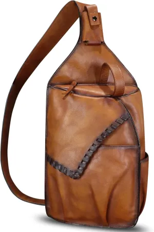 Genuine Leather Sling Bag for Men Handmade Retro Crossbody Backpack Purse Hiking Daypack Chest Shoulder Fanny Pack
