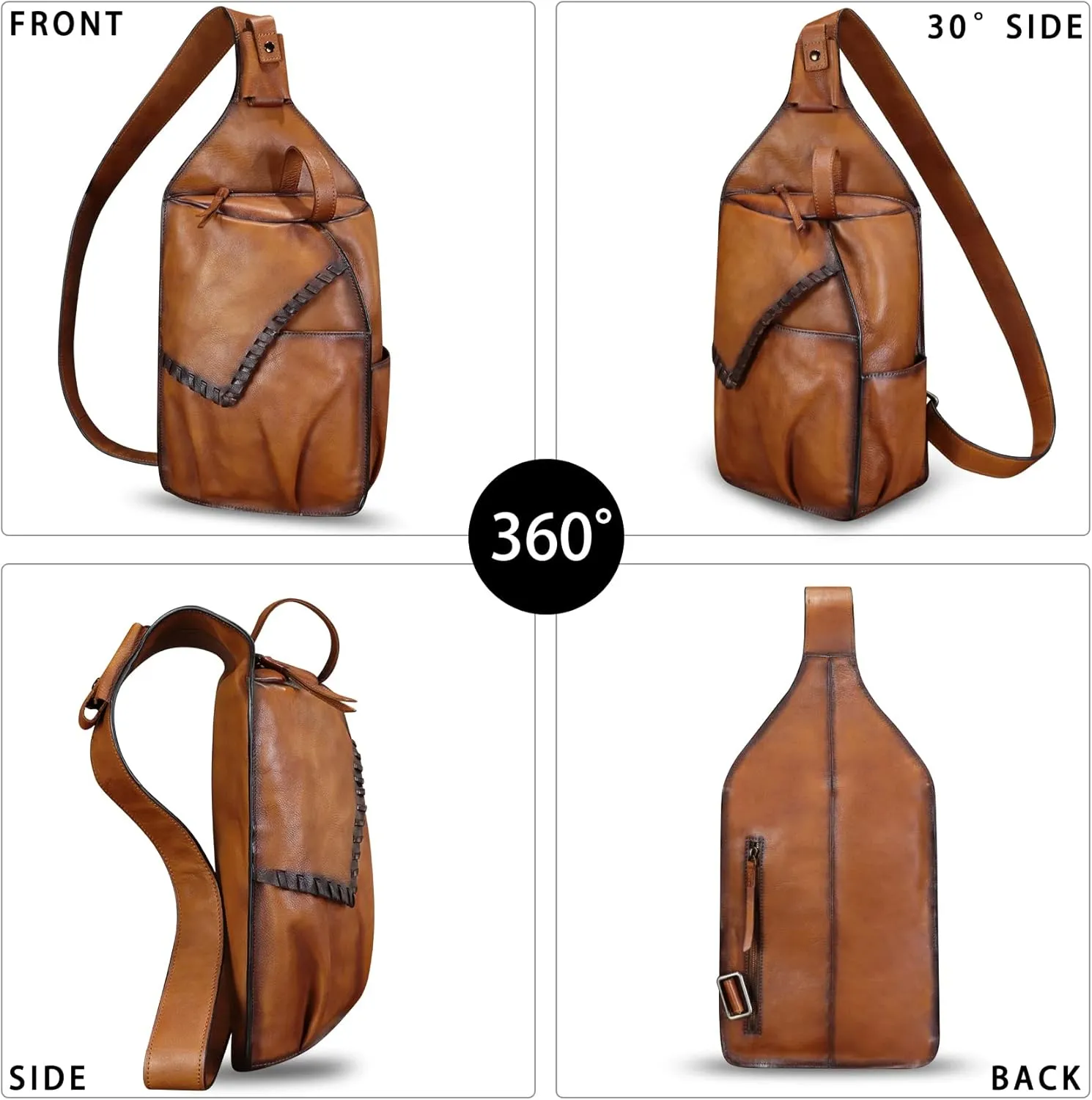 Genuine Leather Sling Bag for Men Handmade Retro Crossbody Backpack Purse Hiking Daypack Chest Shoulder Fanny Pack