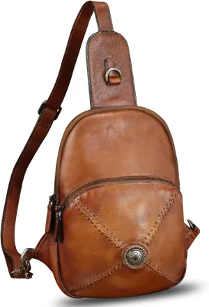 Genuine Leather Sling Bag for Women Vintage Real Leather Sling Backpack Shoulder Crossbody Bag Chest Purse