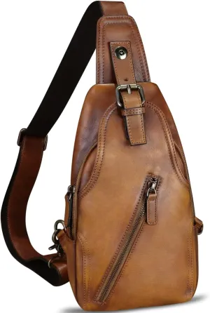 Genuine Leather Sling Bag Multifunction Crossbody Hiking Fanny Daypack Vintage Chest Shoulder Backpack Motorcycle Purse (Brown) Medium