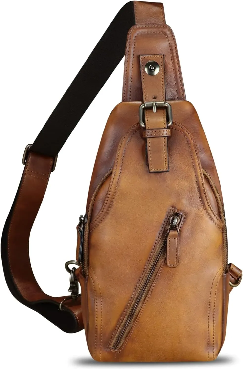 Genuine Leather Sling Bag Multifunction Crossbody Hiking Fanny Daypack Vintage Chest Shoulder Backpack Motorcycle Purse (Brown) Medium