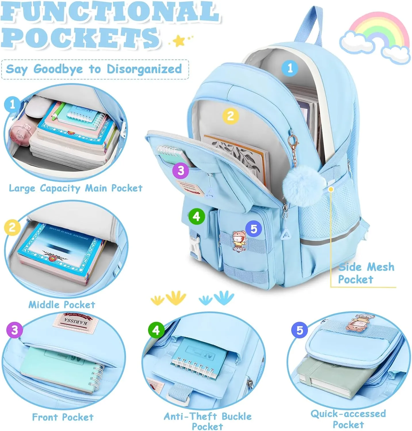 Girls Backpack for School, Teenage Multiple Pockets Backpack, Bookbag for Primary Elementary High School