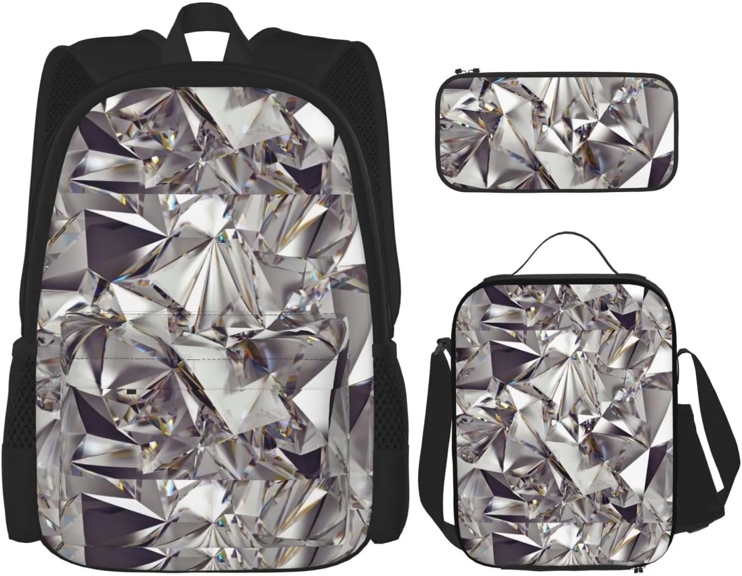 Glitter Abstract Diamond Crystal Pattern Print Comfortable Adjustable Shoulder Casual Fashion Backpack Lunch Bag Pencil Case