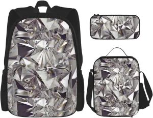 Glitter Abstract Diamond Crystal Pattern Print Comfortable Adjustable Shoulder Casual Fashion Backpack Lunch Bag Pencil Case