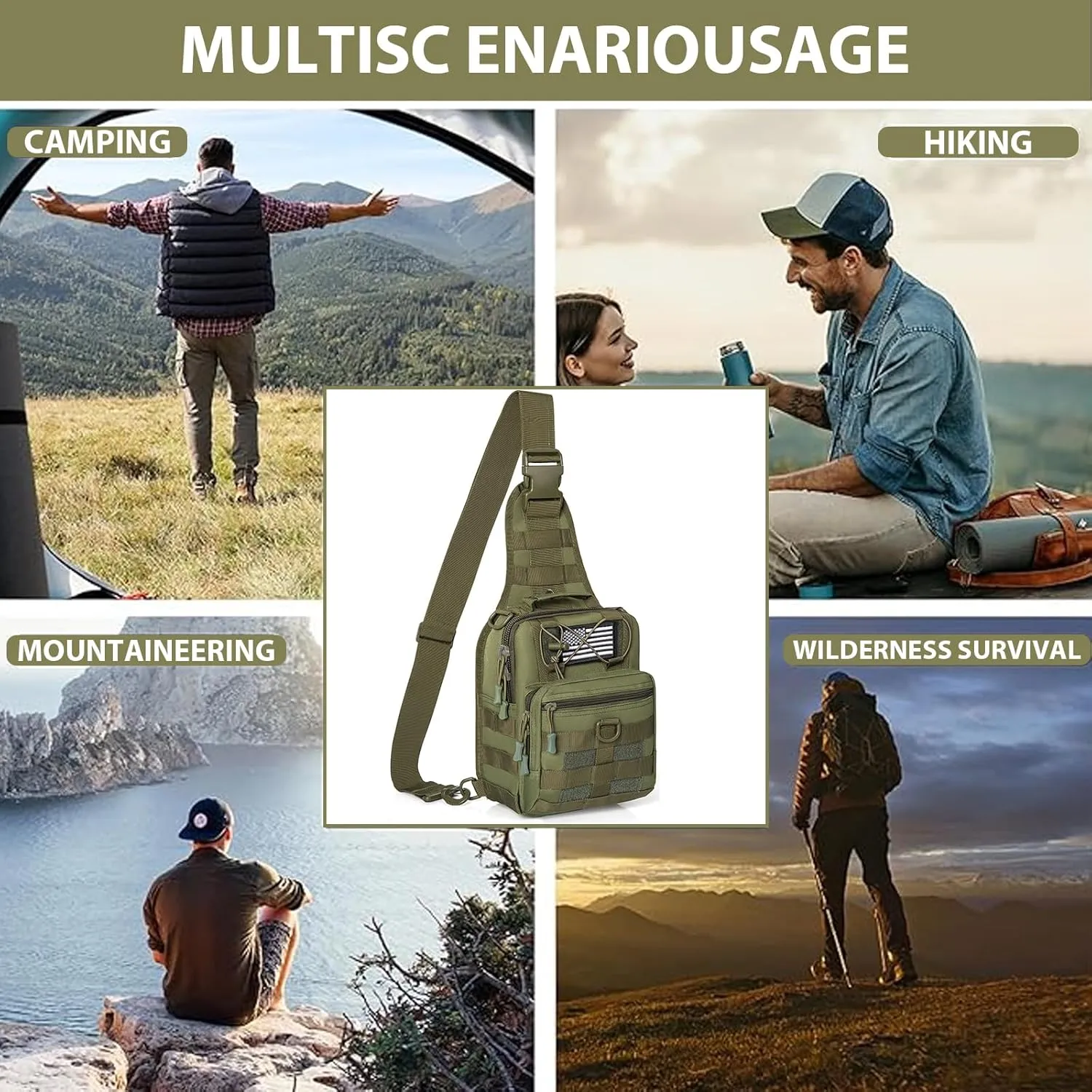 GMAK Tactical Sling Bag for Men, Small Tactical Shoulder Bag Backpack, Outdoor Military Rover Bags Travel Hiking Daypack, Tactical EDC Crossbody Chest Bag Pack for Hiking, Cycling, Hunting, Army Green
