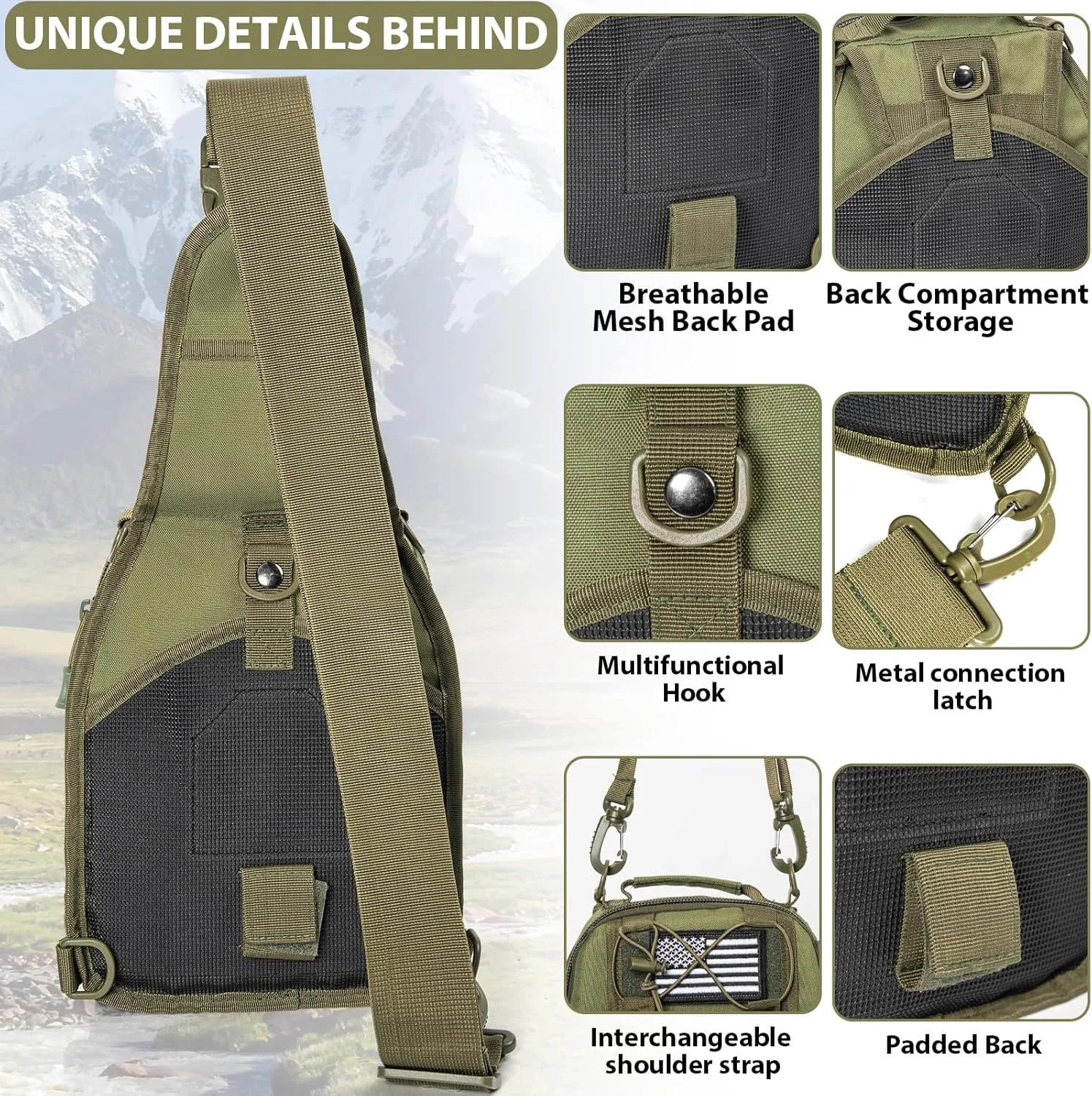 GMAK Tactical Sling Bag for Men, Small Tactical Shoulder Bag Backpack, Outdoor Military Rover Bags Travel Hiking Daypack, Tactical EDC Crossbody Chest Bag Pack for Hiking, Cycling, Hunting, Army Green