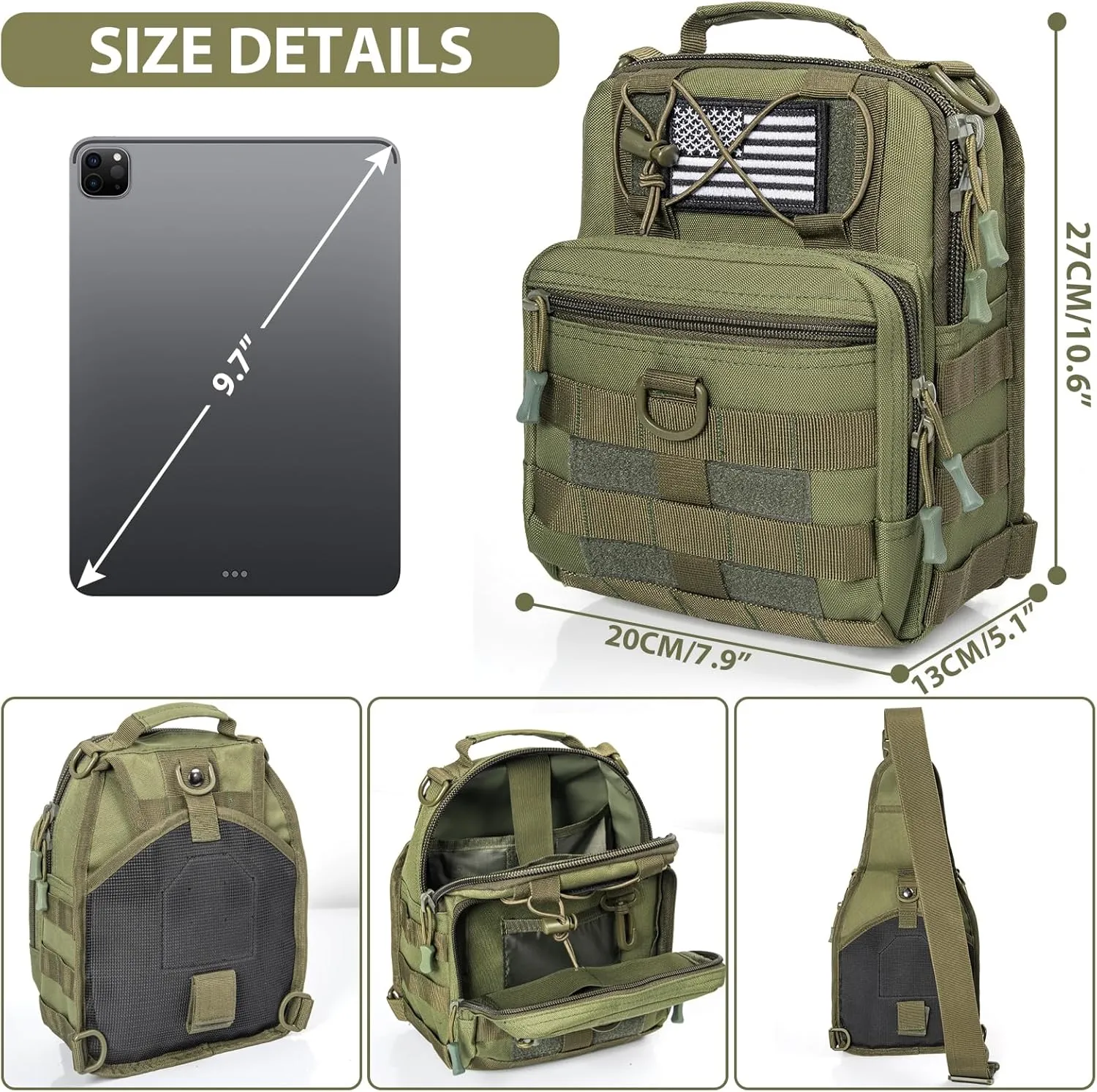 GMAK Tactical Sling Bag for Men, Small Tactical Shoulder Bag Backpack, Outdoor Military Rover Bags Travel Hiking Daypack, Tactical EDC Crossbody Chest Bag Pack for Hiking, Cycling, Hunting, Army Green
