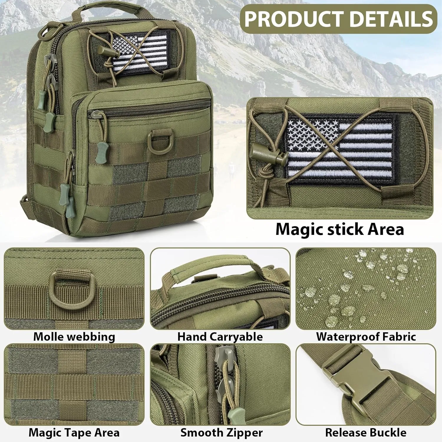 GMAK Tactical Sling Bag for Men, Small Tactical Shoulder Bag Backpack, Outdoor Military Rover Bags Travel Hiking Daypack, Tactical EDC Crossbody Chest Bag Pack for Hiking, Cycling, Hunting, Army Green