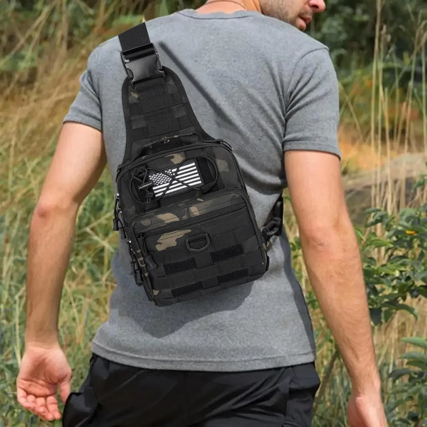 GMAK Tactical Sling Bag for Men, Small Tactical Shoulder Bag Backpack, Outdoor Military Rover Bags Travel Hiking Daypack, Tactical EDC Crossbody Chest Bag Pack for Hiking, Cycling, Hunting, Black Camo