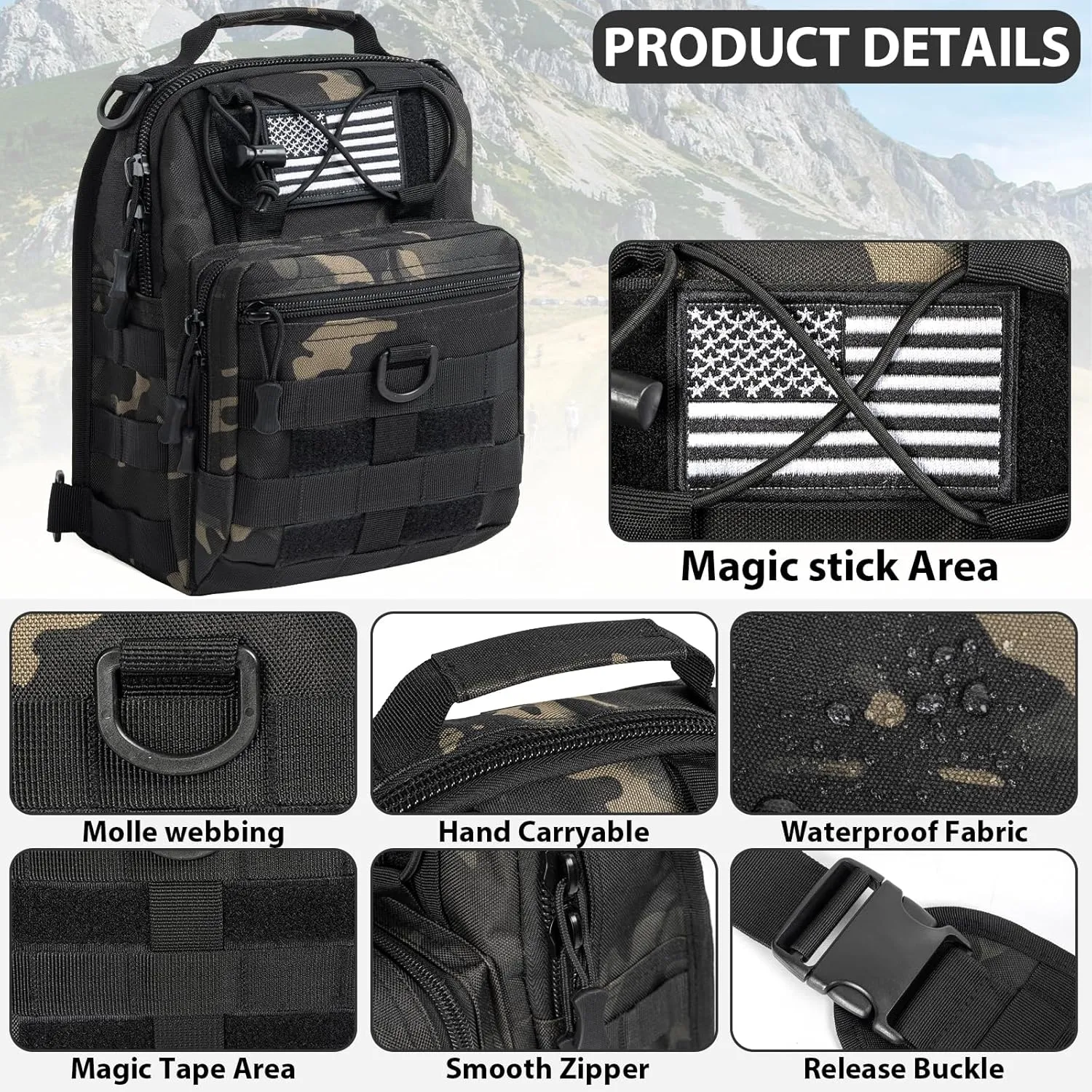 GMAK Tactical Sling Bag for Men, Small Tactical Shoulder Bag Backpack, Outdoor Military Rover Bags Travel Hiking Daypack, Tactical EDC Crossbody Chest Bag Pack for Hiking, Cycling, Hunting, Black Camo