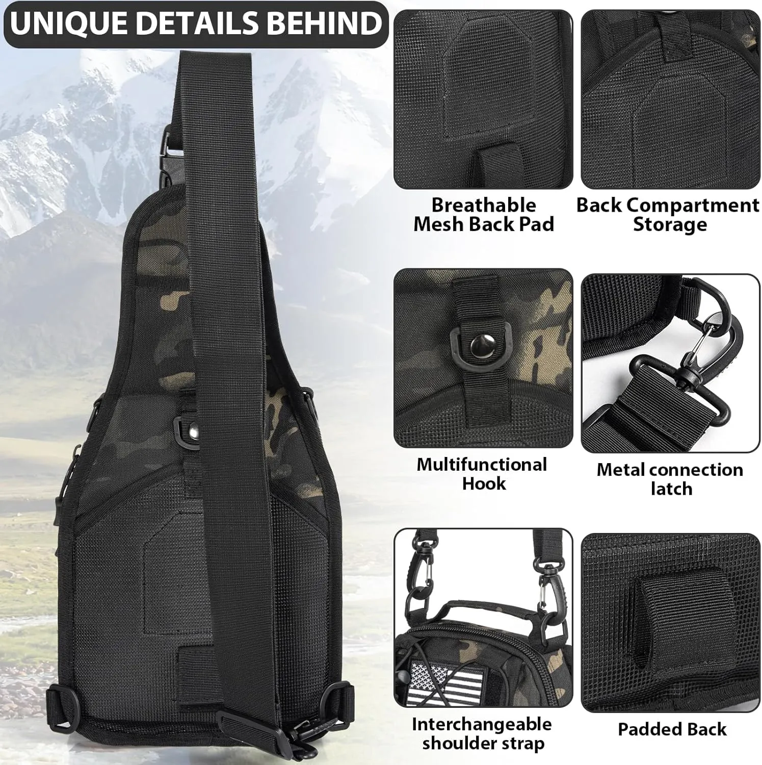 GMAK Tactical Sling Bag for Men, Small Tactical Shoulder Bag Backpack, Outdoor Military Rover Bags Travel Hiking Daypack, Tactical EDC Crossbody Chest Bag Pack for Hiking, Cycling, Hunting, Black Camo