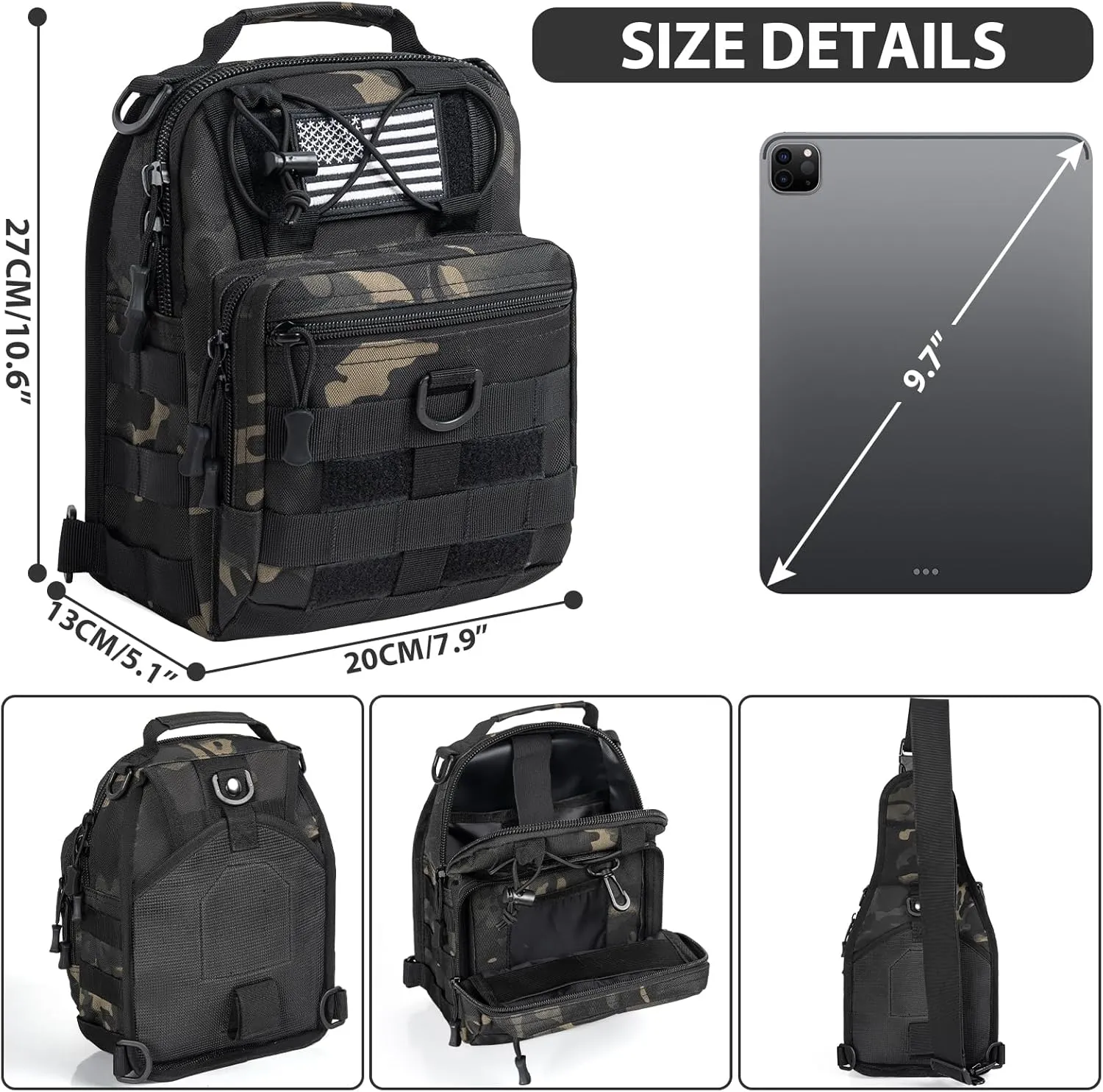 GMAK Tactical Sling Bag for Men, Small Tactical Shoulder Bag Backpack, Outdoor Military Rover Bags Travel Hiking Daypack, Tactical EDC Crossbody Chest Bag Pack for Hiking, Cycling, Hunting, Black Camo