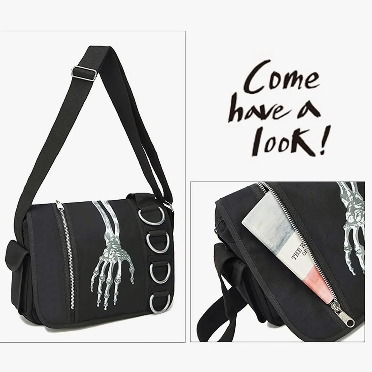 Goth Backpack Grunge Backpack Y2k Fashion Skull Backpack Hooded Backpack Gothic Black Shoulder Bag Goth Messenger Bag (Shoulder bag ghost hand)