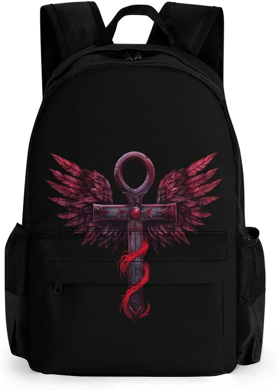 Gothic Silver Ankh Vampire with Red Wings 16 Inch Laptop Backpack Large Capacity Daypack Travel Shoulder Bag for Men Women