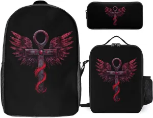 Gothic Silver Ankh Vampire with Red Wings 3Pcs Backpack Set Cute Laptop Backpack Travel Daypack with Lunch Bag Pencil Case