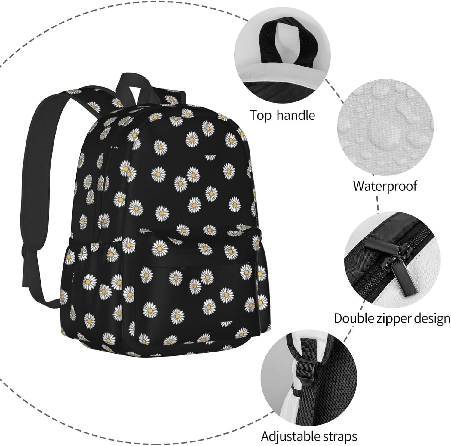 Green Daisy Aesthetic Laptop Backpack Shoulder Bag Laptop Pack Travel Backpacks Commuter Back Pack Casual Daypack Bags With Side Pockets