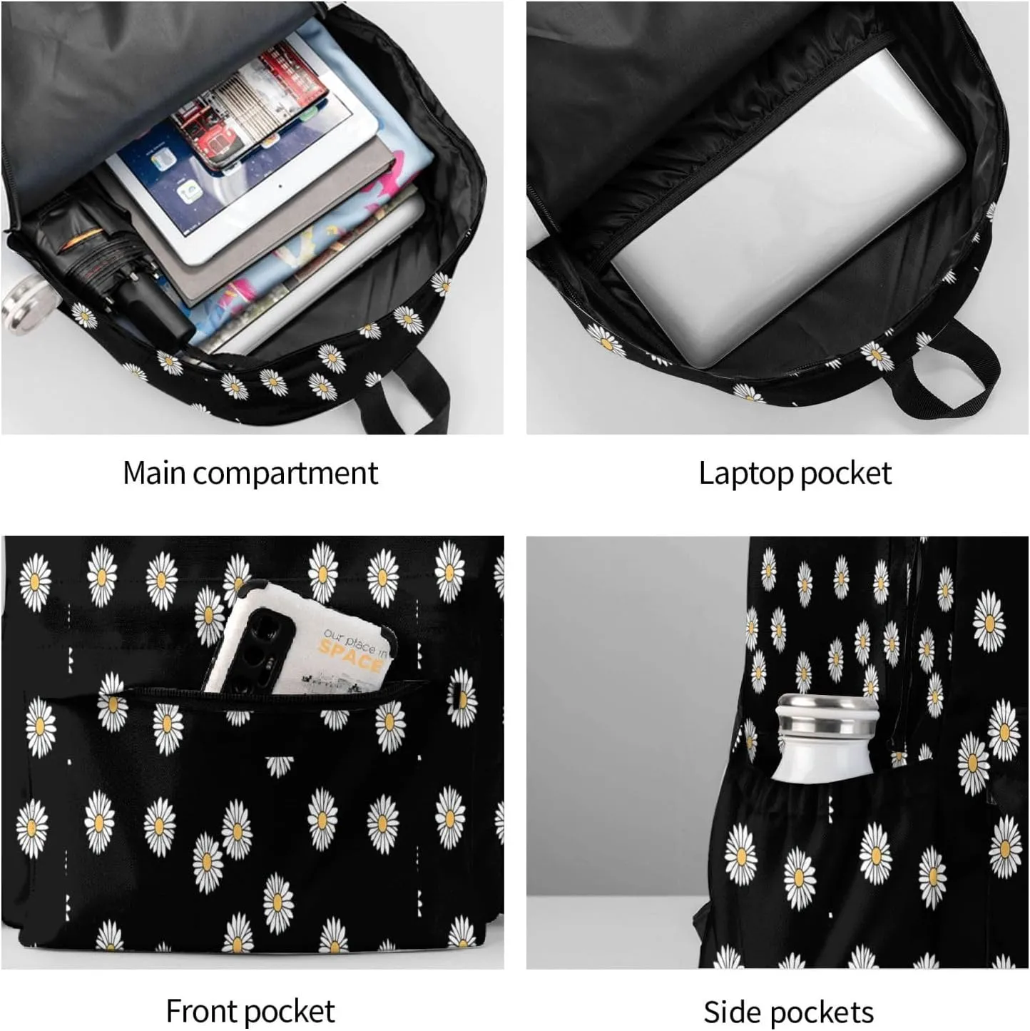 Green Daisy Aesthetic Laptop Backpack Shoulder Bag Laptop Pack Travel Backpacks Commuter Back Pack Casual Daypack Bags With Side Pockets