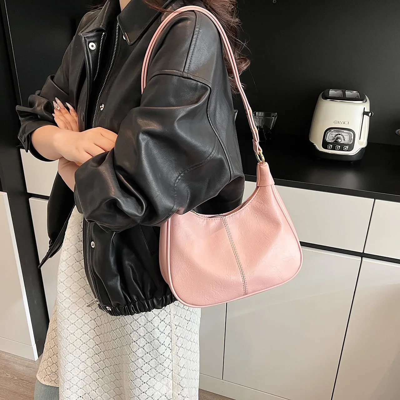 GRPKSSIB PU Leather Shoulder Bags Hobo Crossbody Bag Casual Tote Handbags Women's Crescent Purse with Adjustable Strap
