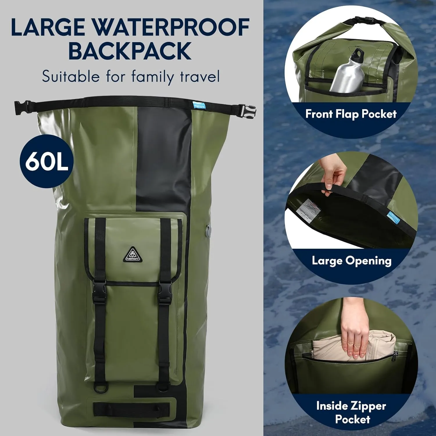 Haimont 100% Waterproof Roll-Top Backpack Heavy Duty Large Capacity IPX7 Dry Bag for Kayaking Rafting SUP Camping, 60/100L