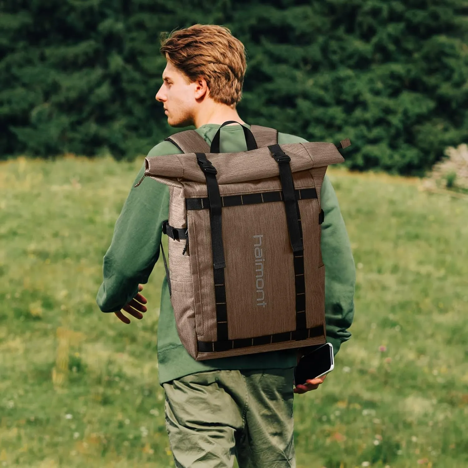 Haimont Rolltop Backpack for Men Women Water-Resistant Carry on Travel Backpack Casual Daypack with Laptop Compartment for Work Trip Hiking, 20L, Khaki