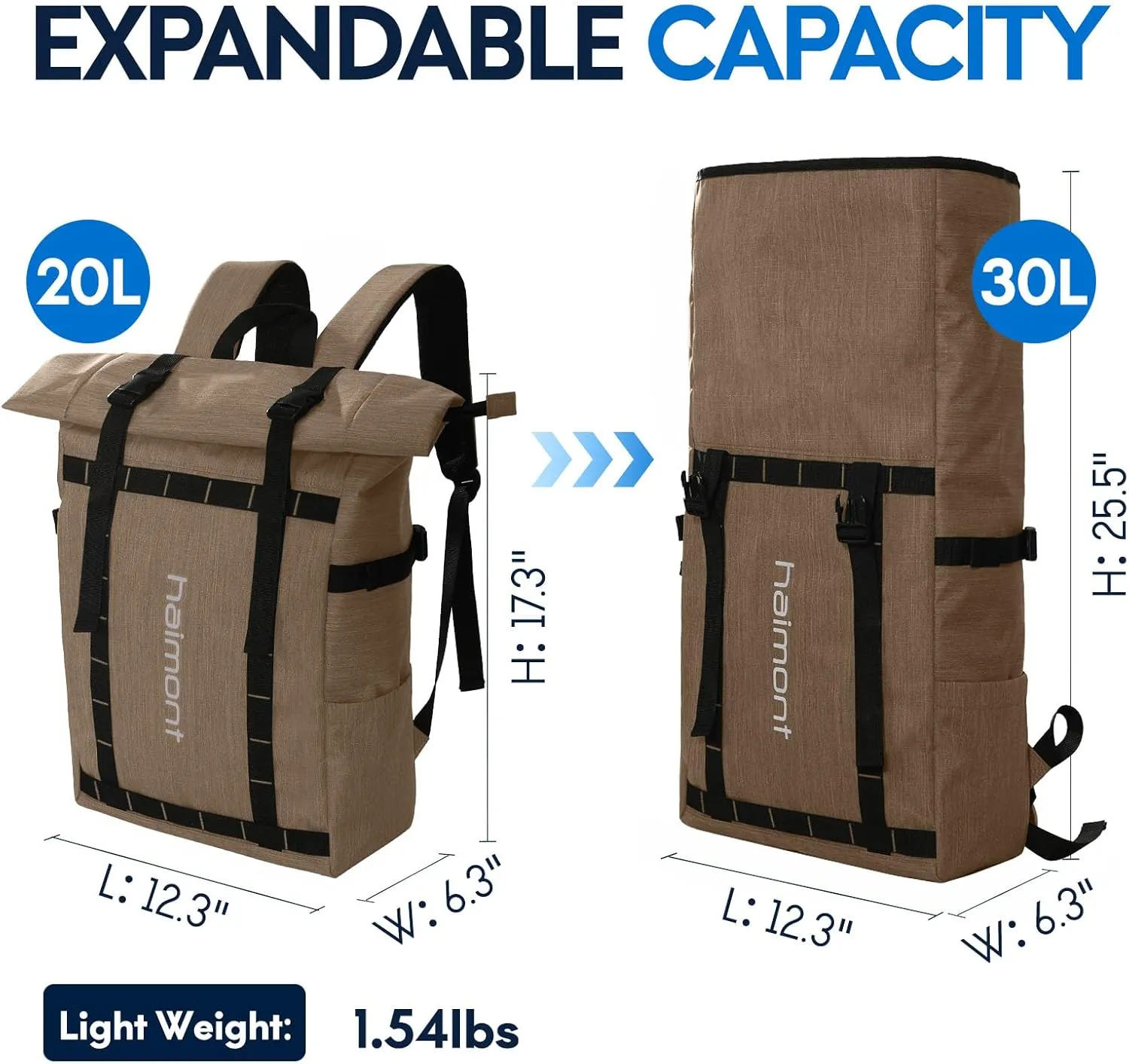 Haimont Rolltop Backpack for Men Women Water-Resistant Carry on Travel Backpack Casual Daypack with Laptop Compartment for Work Trip Hiking, 20L, Khaki