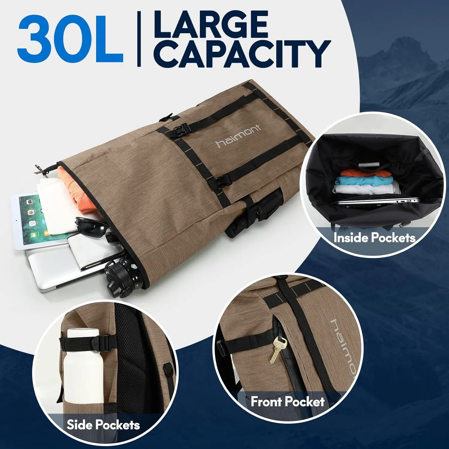 Haimont Rolltop Backpack for Men Women Water-Resistant Carry on Travel Backpack Casual Daypack with Laptop Compartment for Work Trip Hiking, 20L, Khaki