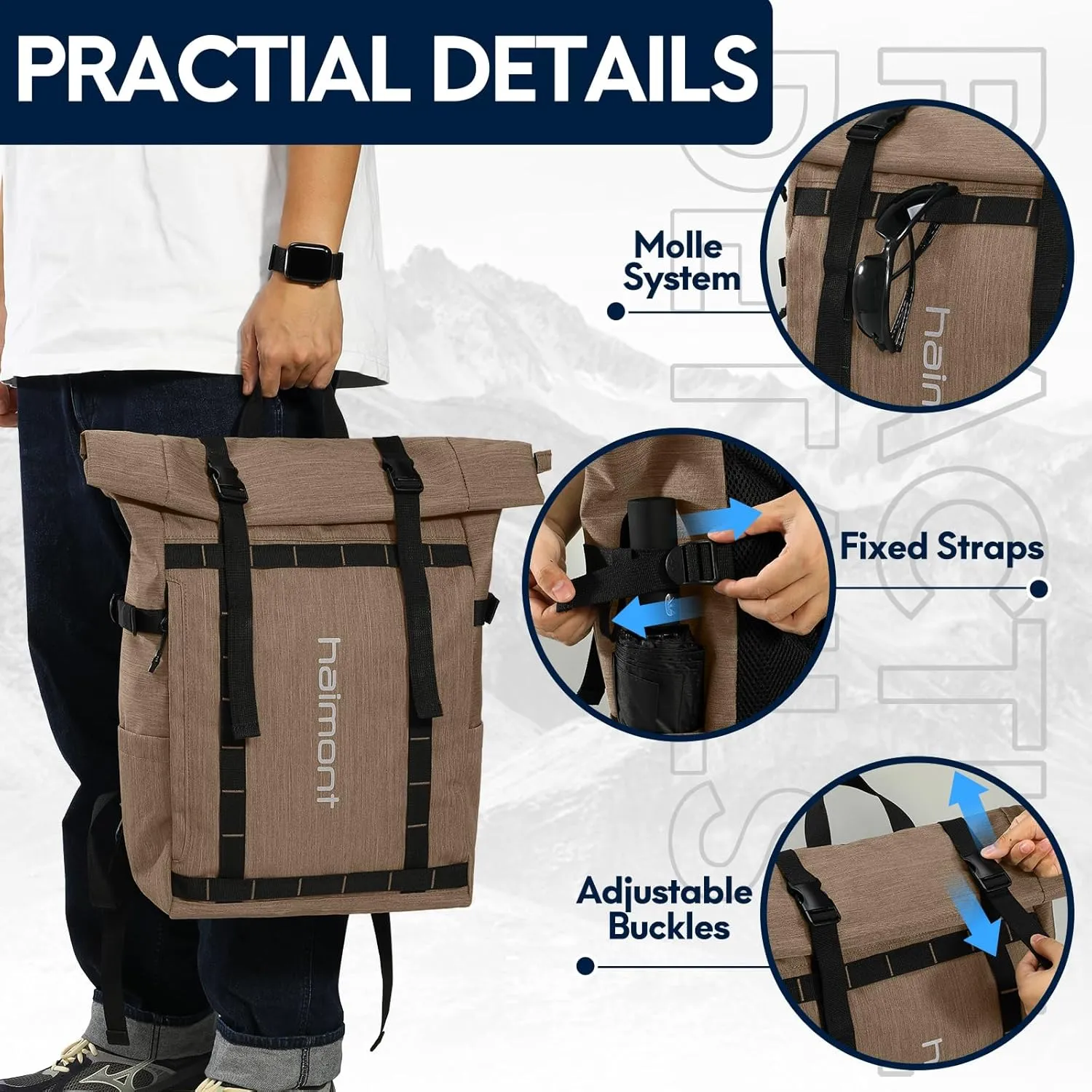 Haimont Rolltop Backpack for Men Women Water-Resistant Carry on Travel Backpack Casual Daypack with Laptop Compartment for Work Trip Hiking, 20L, Khaki