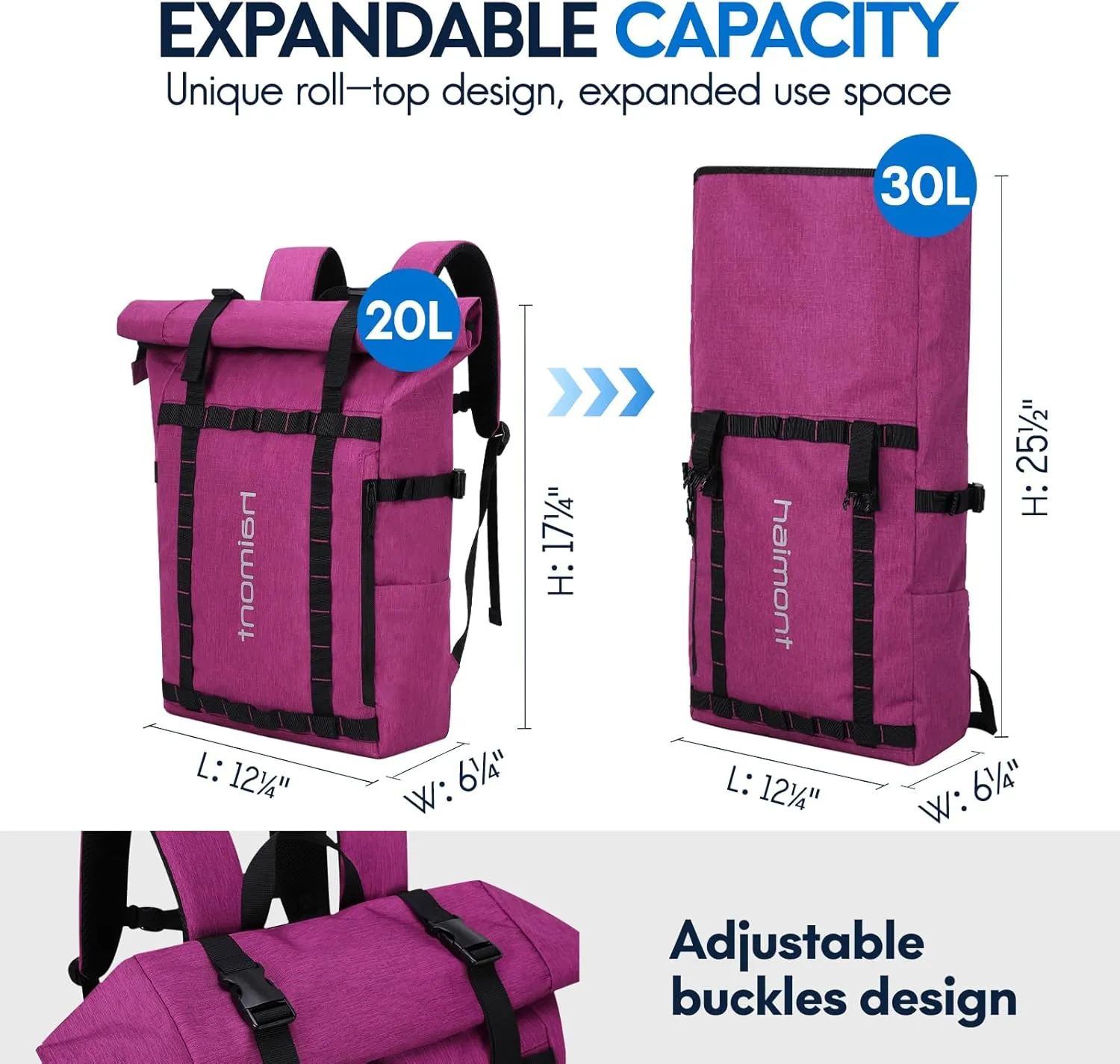 Haimont Rolltop Laptop Backpack for Men Women, Water-Resistant Casual Book Bag for Travel Work Commute 20L, Fuchsia Red