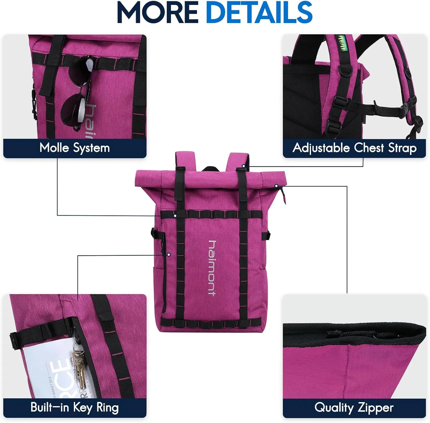Haimont Rolltop Laptop Backpack for Men Women, Water-Resistant Casual Book Bag for Travel Work Commute 20L, Fuchsia Red