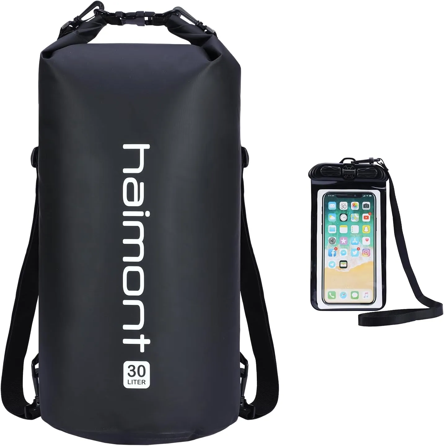 Haimont Waterproof Dry Bag Floating Dry Sack Roll Top Drybag Backpack for Kayaking, Rafting, Boating, Fishing with IPX8 Waterproof Phone Case, Black, 30L