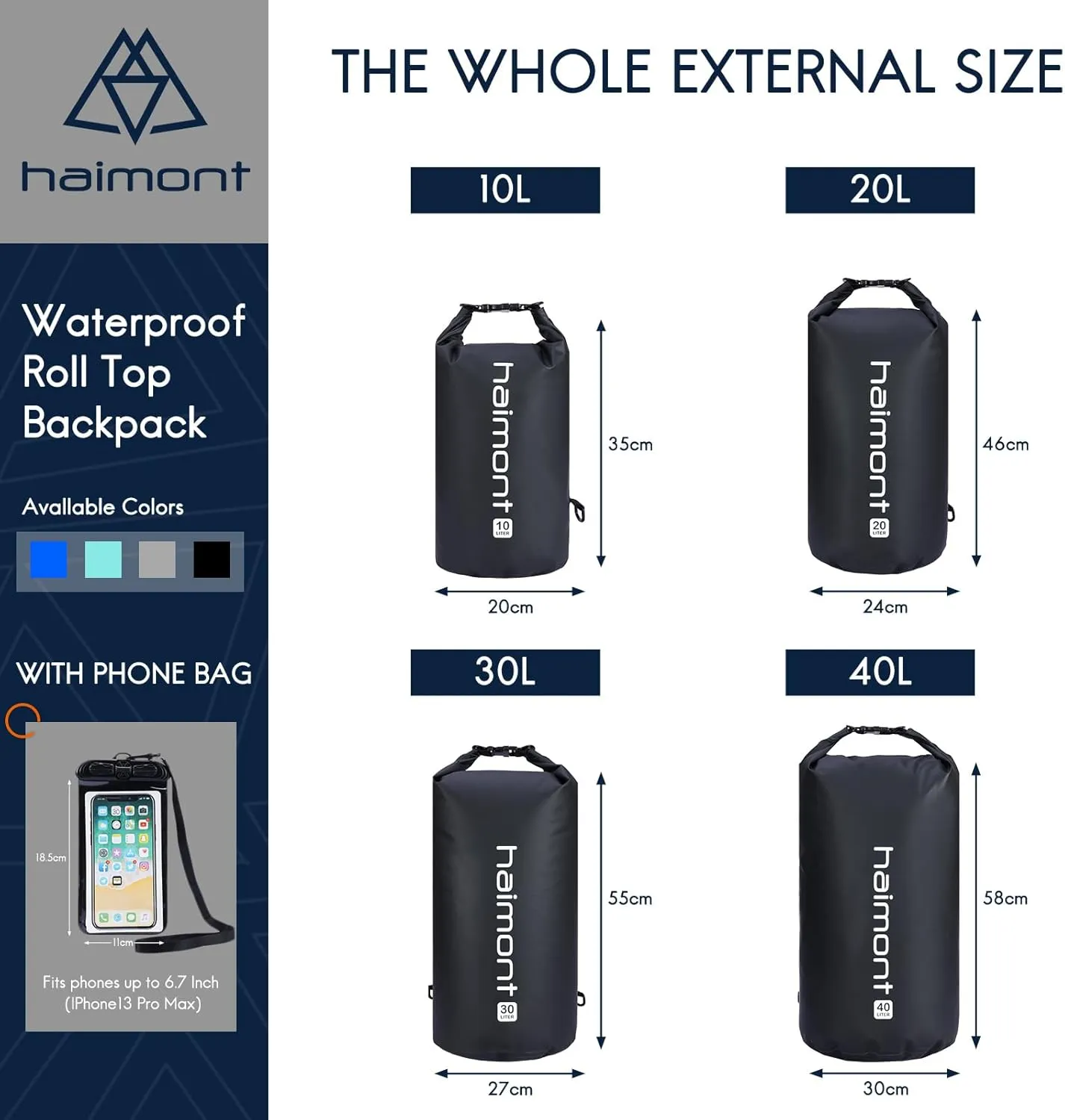 Haimont Waterproof Dry Bag Floating Dry Sack Roll Top Drybag Backpack for Kayaking, Rafting, Boating, Fishing with IPX8 Waterproof Phone Case, Black, 30L