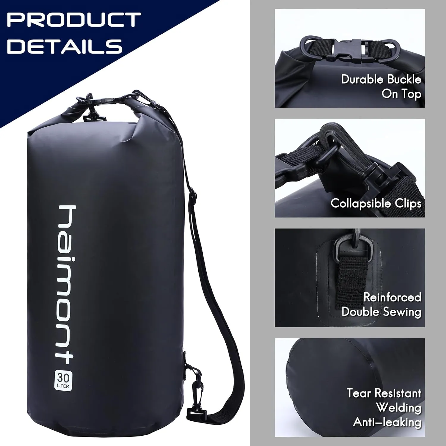 Haimont Waterproof Dry Bag Floating Dry Sack Roll Top Drybag Backpack for Kayaking, Rafting, Boating, Fishing with IPX8 Waterproof Phone Case, Black, 30L