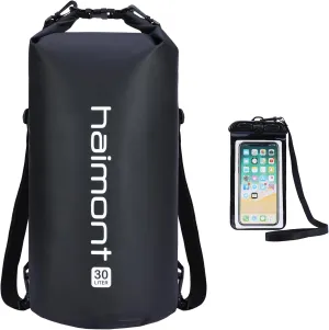 Haimont Waterproof Dry Bag Floating Dry Sack Roll Top Drybag Backpack for Kayaking, Rafting, Boating, Fishing with IPX8 Waterproof Phone Case, Black, 30L