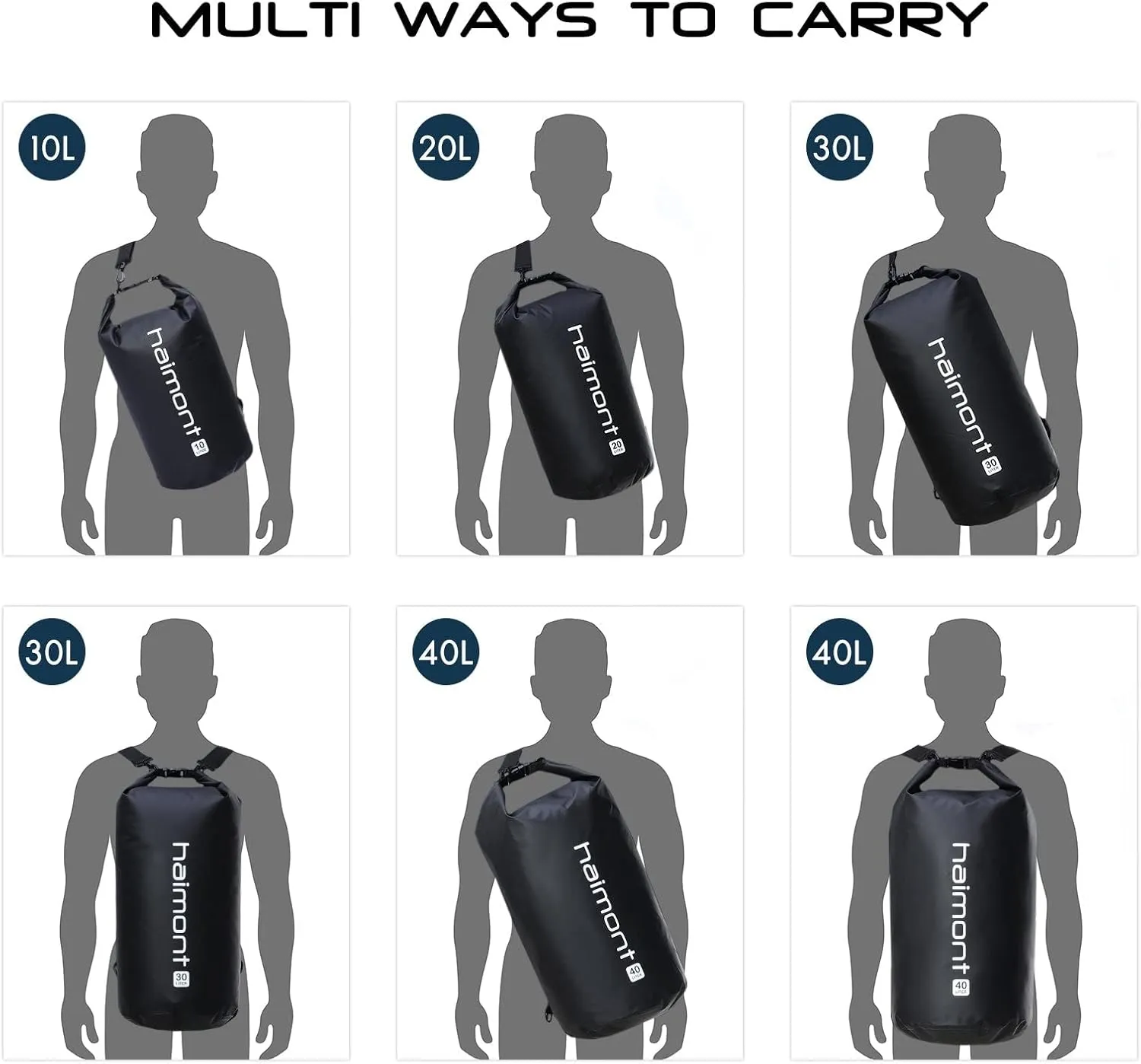 Haimont Waterproof Dry Bag Floating Dry Sack Roll Top Drybag Backpack for Kayaking, Rafting, Boating, Fishing with IPX8 Waterproof Phone Case, Black, 40L