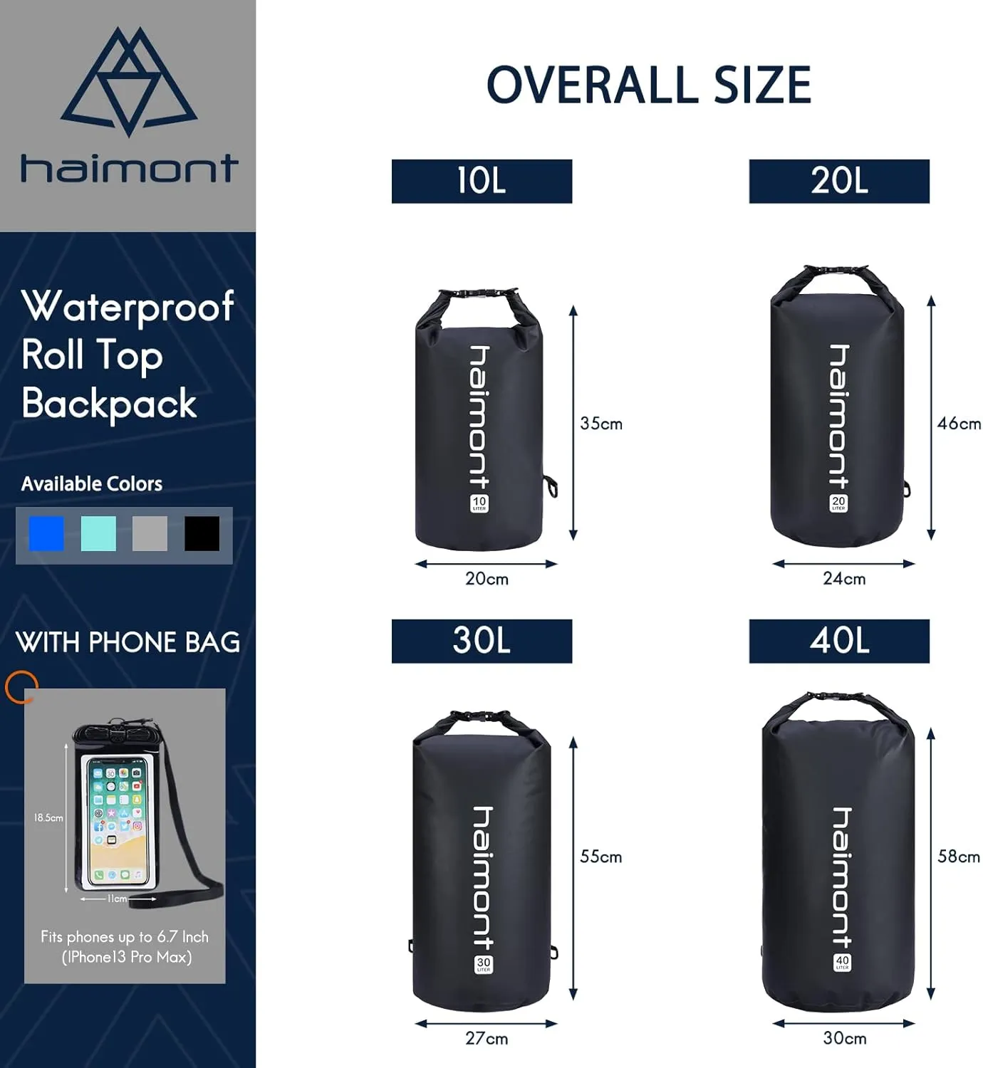 Haimont Waterproof Dry Bag Floating Dry Sack Roll Top Drybag Backpack for Kayaking, Rafting, Boating, Fishing with IPX8 Waterproof Phone Case, Black, 40L