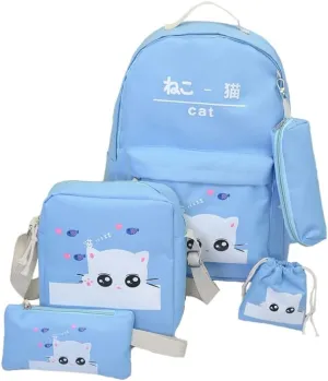 hainan Cat Backpacks Set for women 4 pcs for One Set Light Blue one size