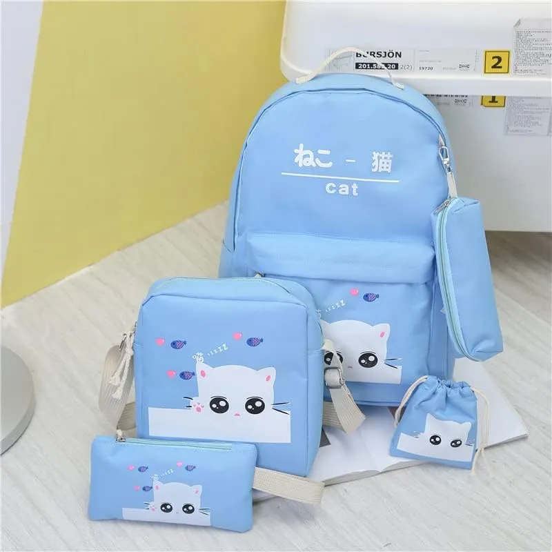 hainan Cat Backpacks Set for women 4 pcs for One Set Light Blue one size