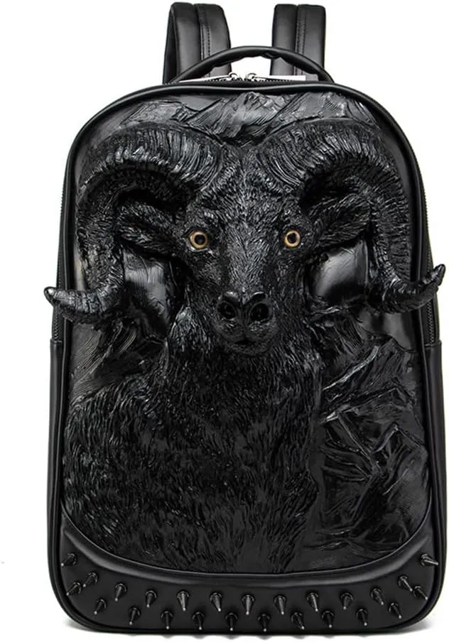 Halloween Studded Backpack 3D Goat Head Sculpture 3D Model Backpack Laptop Computer Handbags Travelling Rucksack Bag