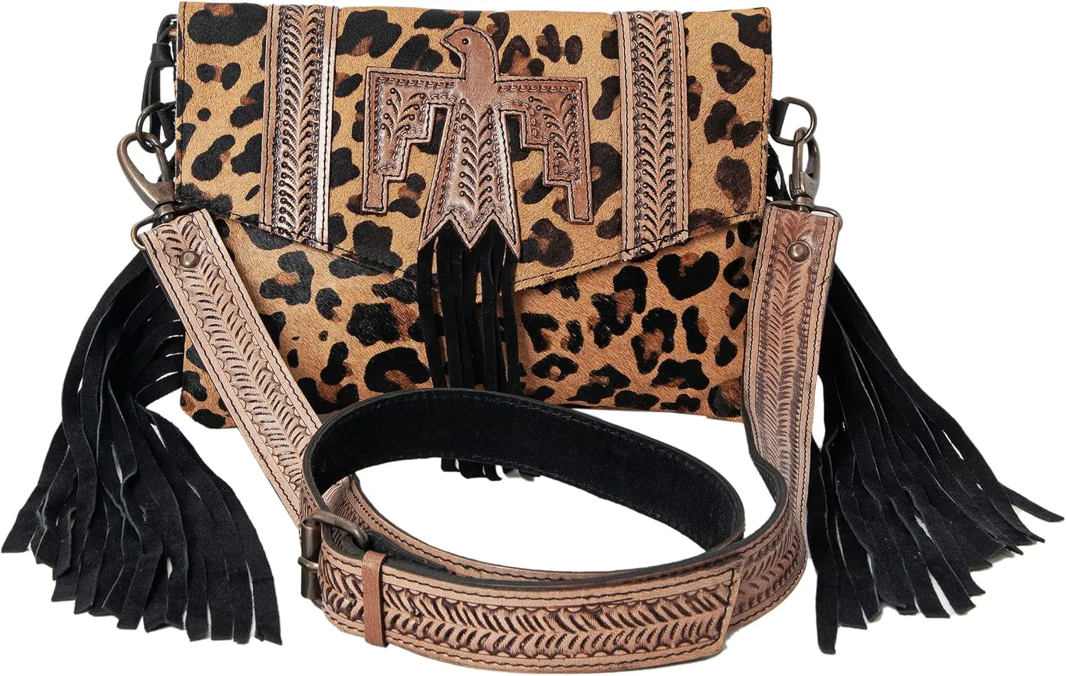 Hand Tooled Fashion Hippie Suede Fringe Tassel Messenger Bag for Women Hobo Vintage Shoulder Bags Crossbody Handbag