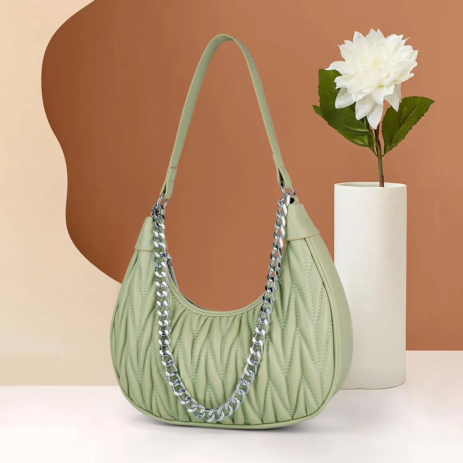 Handbag with Metal Chain Vegan Leather Shoulder Crossbody Stylish Purse for Women - Unique Textured Design