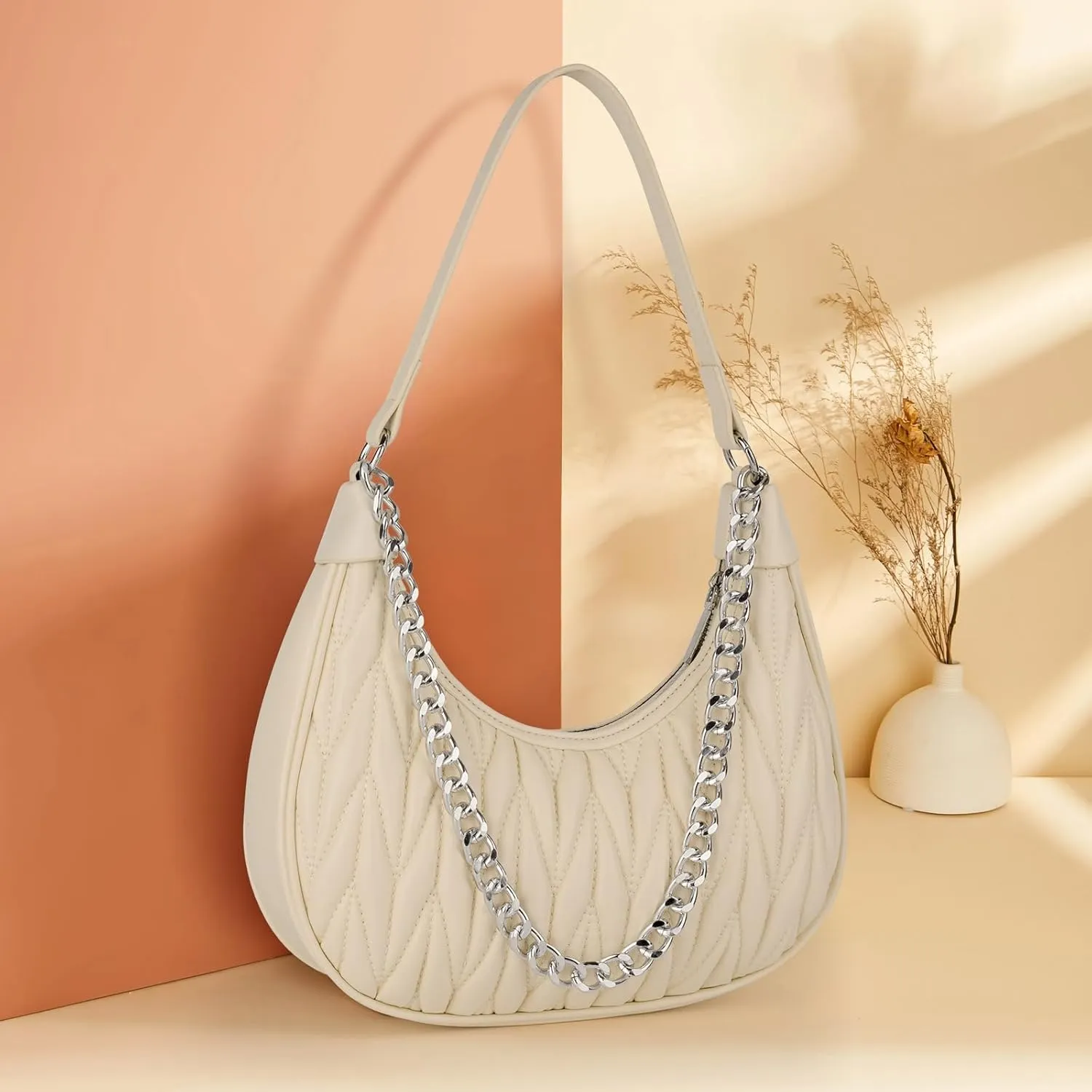 Handbag with Metal Chain Vegan Leather Shoulder Crossbody Stylish Purse for Women - Unique Textured Design