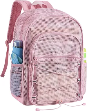 Heavy Duty Backpacks for Adults, See Through School Bags for Boys and Girls, Adjustable Straps Mesh Bags for Swimming (Pink)