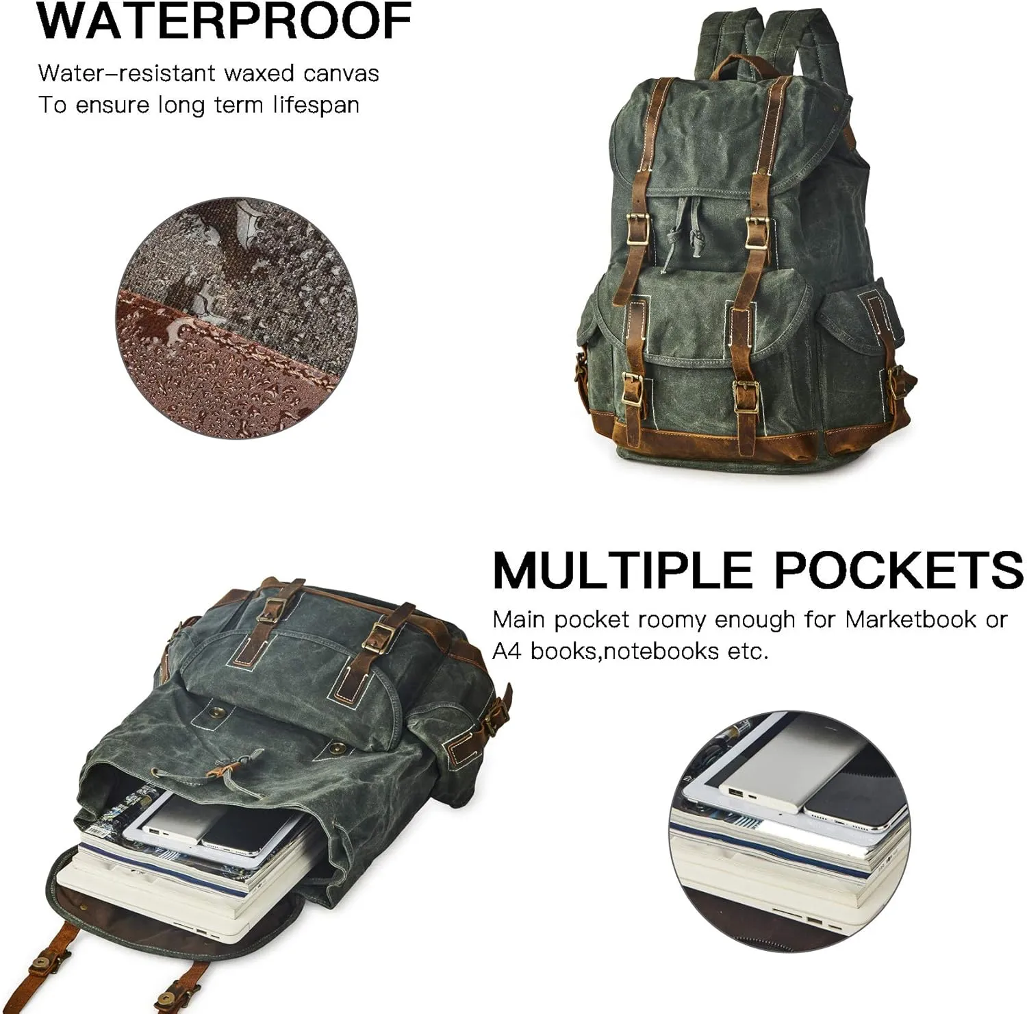 Heavy Duty Waxed Canvas Vintage Backpack for Men Women Trim Casual 15.6" laptop Bookbag Travel Rucksack Shoulder Rucksack for Travel