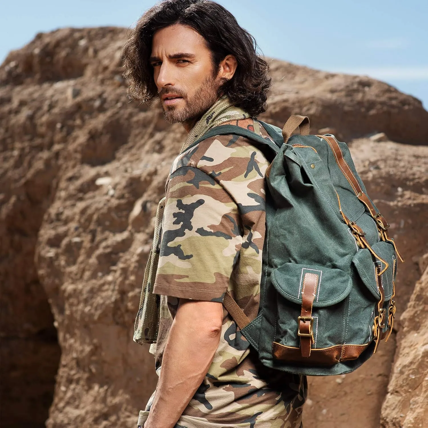 Heavy Duty Waxed Canvas Vintage Backpack for Men Women Trim Casual 15.6" laptop Bookbag Travel Rucksack Shoulder Rucksack for Travel
