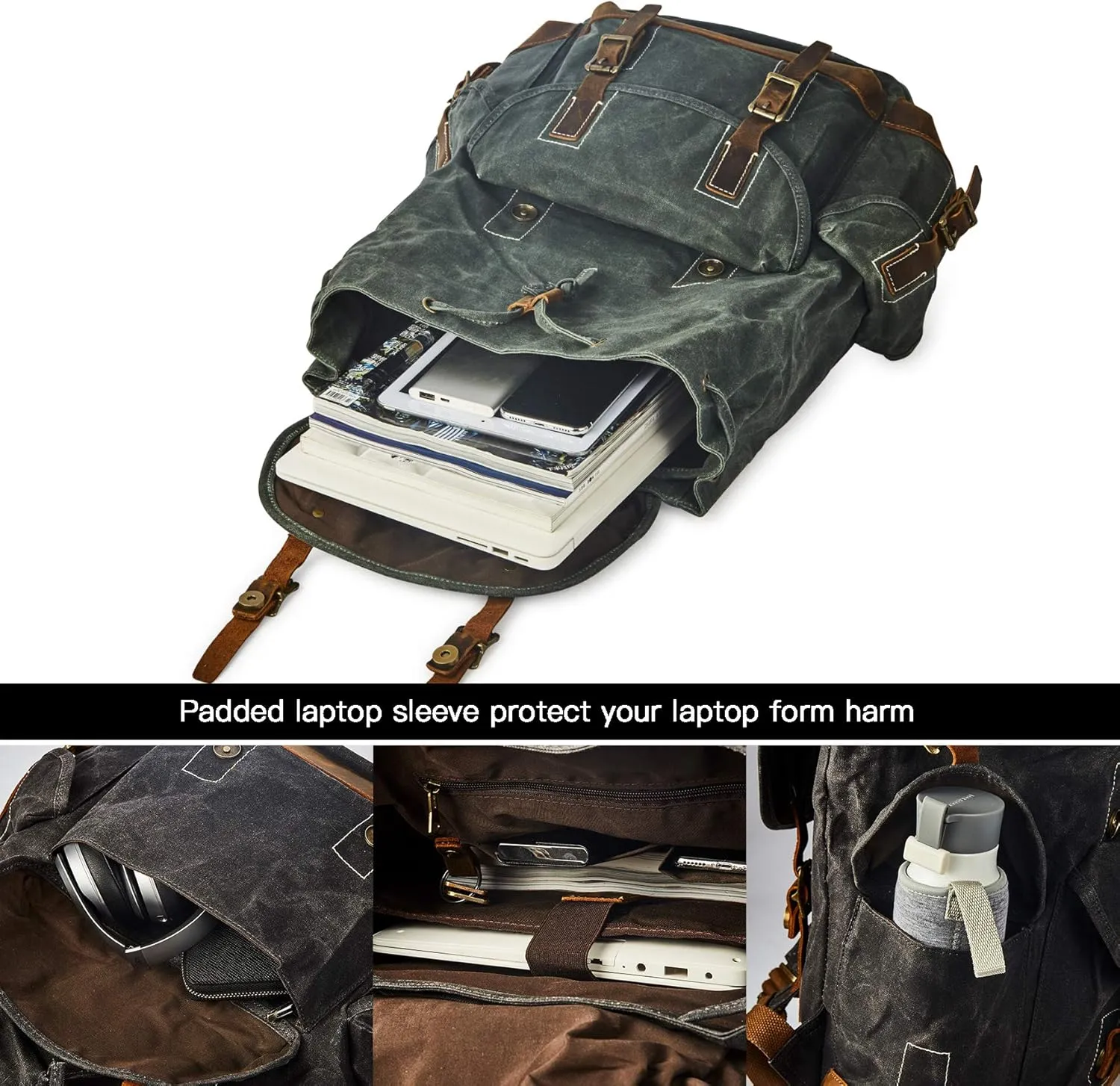 Heavy Duty Waxed Canvas Vintage Backpack for Men Women Trim Casual 15.6" laptop Bookbag Travel Rucksack Shoulder Rucksack for Travel